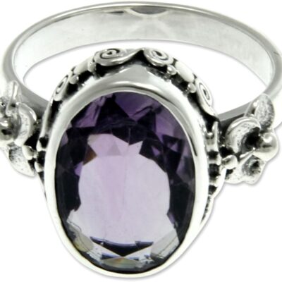 NOVICA Artisan Handmade Amethyst Solitaire Ring Floral Sterling Silver Purple Single Stone Indonesia Mauve Mist Birthstone [crownbezel 0.6 in L x 0.4 in W x 0.2 in H Band Width 3 mm W] '