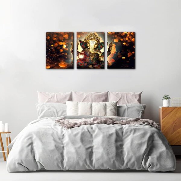 3 Pieces Ganesha Canvas Wall Art for Home Decor Paintings Hindu God Pictures Modern Artwork Giclee Posters and Prints Wooden Framed Gallery-wrapped Stretched Ready to Hang - 12" x 16" x 3 - Image 3
