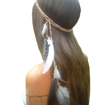 Set of 2 Handmade Bohemian Hippie Fascinator Feather Headband Headdress and Armband - Women Gypsy Indian Feather Tassels Headwear Headpiece Hairband Hair Accessories