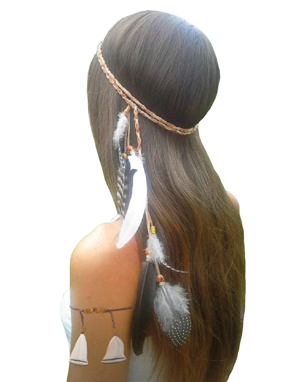 Set of 2 Handmade Bohemian Hippie Fascinator Feather Headband Headdress and Armband - Women Gypsy Indian Feather Tassels Headwear Headpiece Hairband Hair Accessories