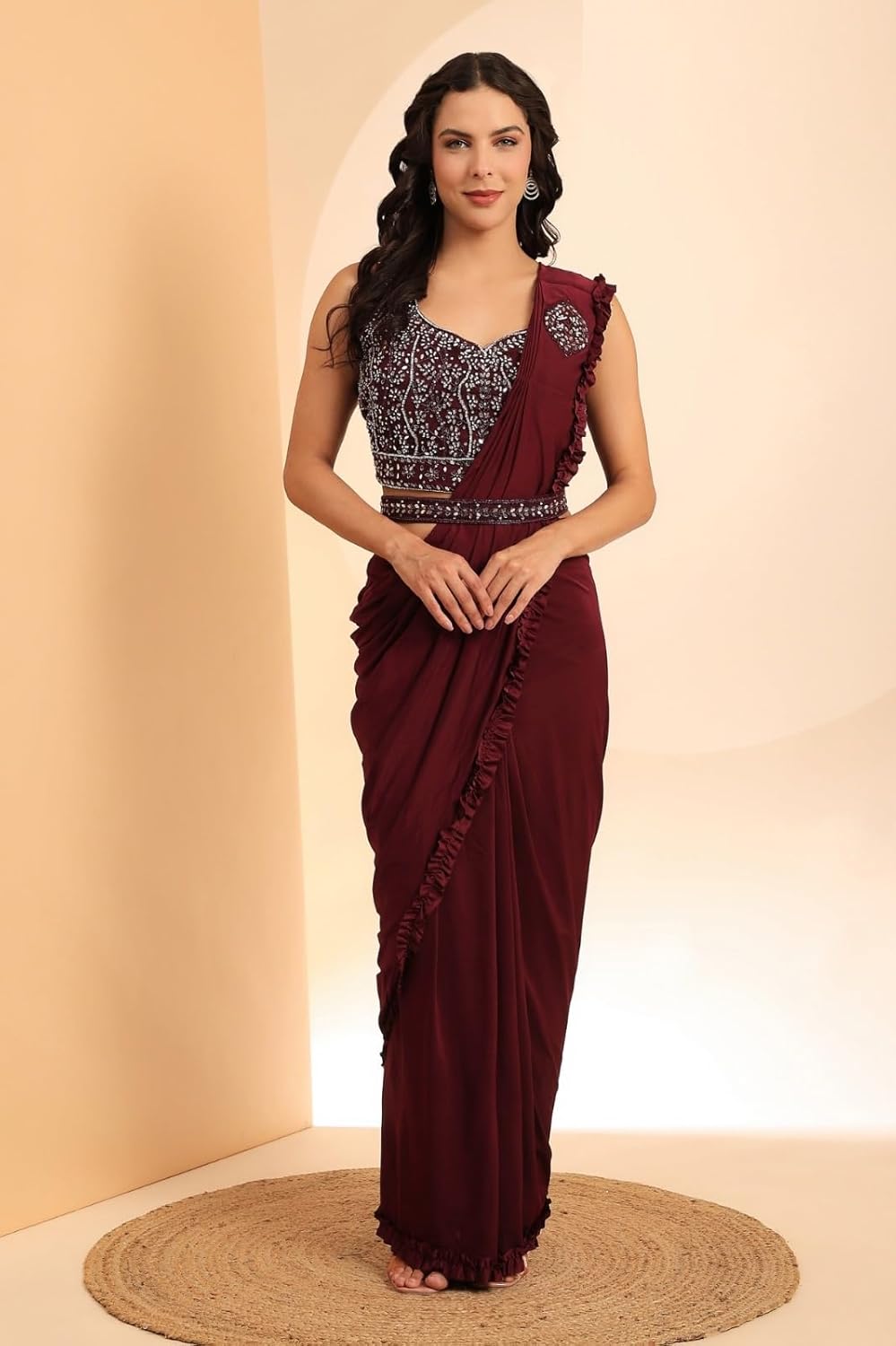 Fancy Ready To Wear Indian One Minute Saree Pre - Pleated Designer Belt Sari 8146 Amo - Image 2