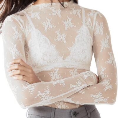 KTILG Womens Mesh Long Sleeve Top Sheer Blouse Sexy See Through Tee Shirt Lace Tops S-XXL