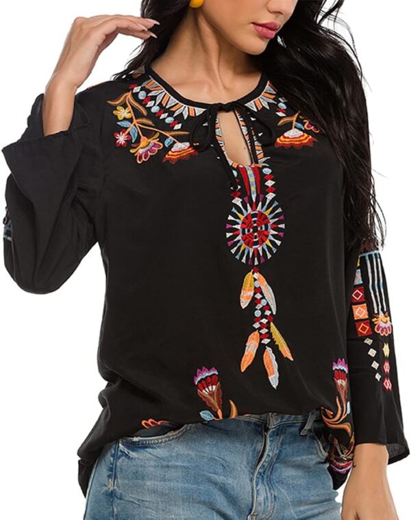 AK Women's Embroidered Tops Mexican Shirt V Neck Summer Casual Tops Peasant Tunic Loose Blouse - Image 4