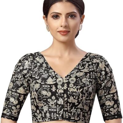 Pure Cotton Party Wear Cool Look Saree Sari Ajrak Print Blouse Readymade for Women