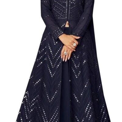 TRENDMALLS Women's Georgette Embroidery Anarklai Suit Set Kurta Lehenga with Dupatta Blue