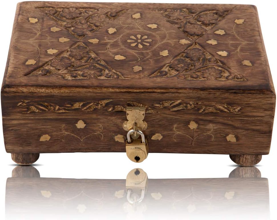 Great Birthday Gift Ideas Handmade Decorative Wooden Jewelry Box With Free Lock & Key Jewelry Organizer Keepsake Box Treasure Chest Trinket Holder Lock Box Watch Box 8 x 5 Inch - Image 2