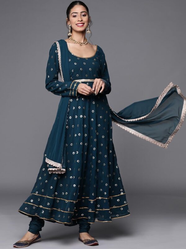 Womens Georgette Embroiderd Sequence Work Indian Style Party Wear Anarkali Kurta and Dupatta With Leggings - Image 6