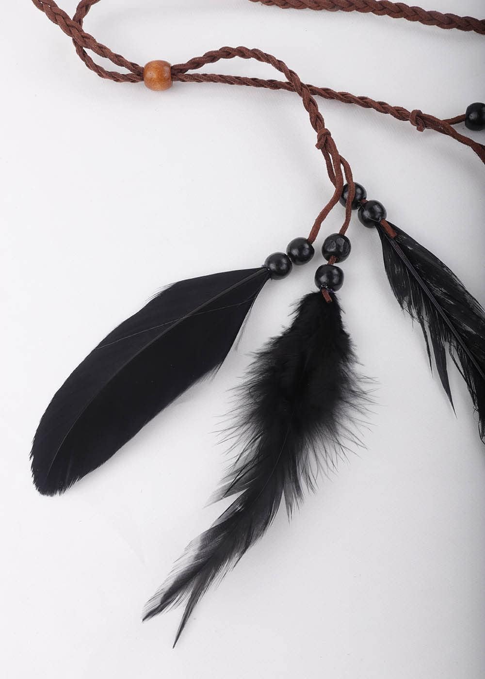 Jumwrit Bohemian Feather Headband Hippie Gypsy Headpiece Black Feather Tassel Headdress Adjustable Hemp Rope Beaded Hairband Indian Hair Accessories for Women and Girls Festival Party Decoration - Image 7