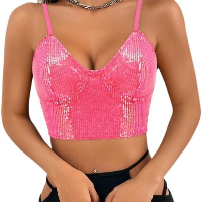 Giovacker Women's Sexy V-Neck Spaghetti Strap Sparkle Sequined Crop Tops Tube Top Bustier Vest Tank Rave Clubwear Camis Tee