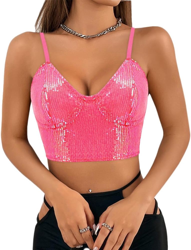 Giovacker Women's Sexy V-Neck Spaghetti Strap Sparkle Sequined Crop Tops Tube Top Bustier Vest Tank Rave Clubwear Camis Tee
