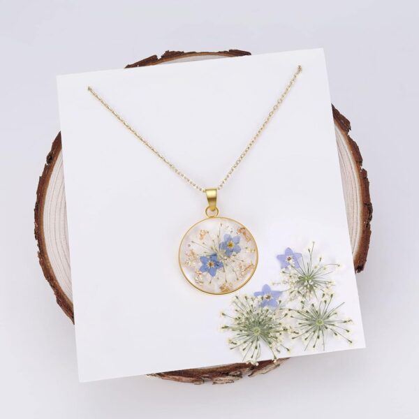 Forget-Me-Not and Queen Anne's Lace Pressed Wildflower Necklace | Gold Pressed Flower Necklace | Personalized Handmade Necklaces for Women | Forget-Me-Not Jewelry | Alaska State Flower Necklace | 18” - Image 2