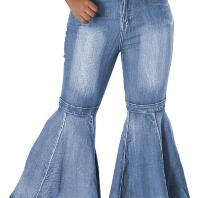 ThusFar Bell Bottom Jeans High Waisted Pleated Layered Ruffle Hem Flared Wide Leg Denim Pants 70s Outfits for Women