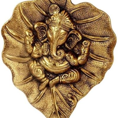 Lord Ganesh/Ganpati On Golden Metal Paan Patta Leaf Decorative Religious Wall Hanging for Home & Office Decor, Feng Shui, Vastu, Sculpture Art Figurine