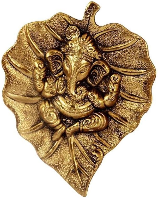 Lord Ganesh/Ganpati On Golden Metal Paan Patta Leaf Decorative Religious Wall Hanging for Home & Office Decor, Feng Shui, Vastu, Sculpture Art Figurine