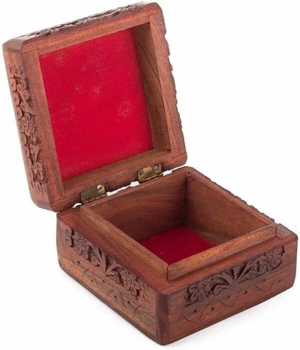 AnNafi® Handcrafted Wooden Jewely Box with Floral Carvings | Beautiful Multipurpose Storage Jewel Organiser Red Velvet Interior | Best Gift Box 4x4 Inch Jewewllery boxes - Image 2