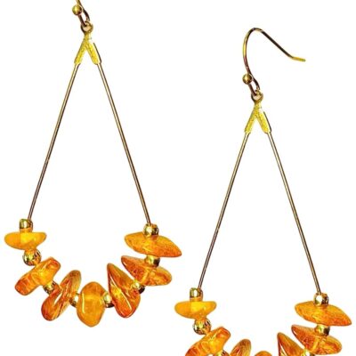 Natural Baltic Amber Earrings for Women, Big Drop Dangle Earrings, Beaded Earrings, 18k Gold Plated Stainless Steel Hypoallergenic, Handmade Jewelry