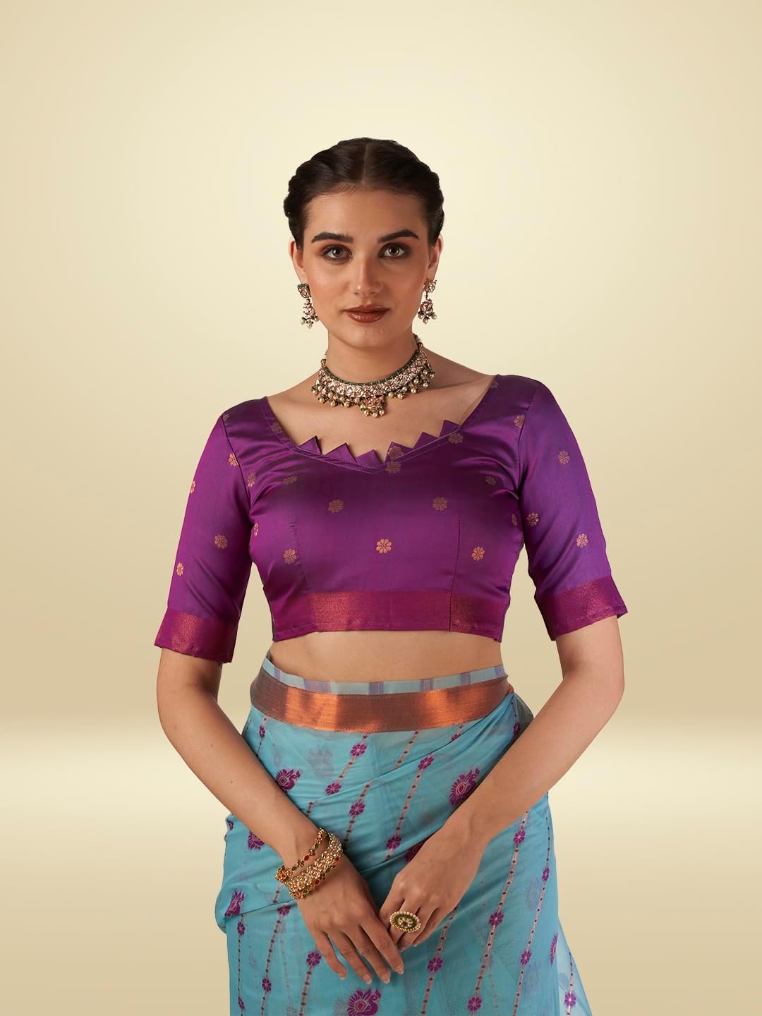 Mysha Cotton Saree, Peacock and Floral Motifs, Unstitched Blouse, - Image 5