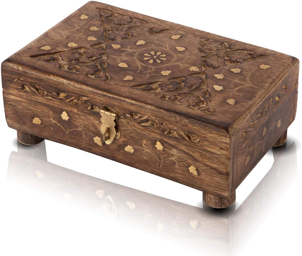 Great Birthday Gift Ideas Handmade Decorative Wooden Jewelry Box With Free Lock & Key Jewelry Organizer Keepsake Box Treasure Chest Trinket Holder Lock Box Watch Box 8 x 5 Inch - Image 3