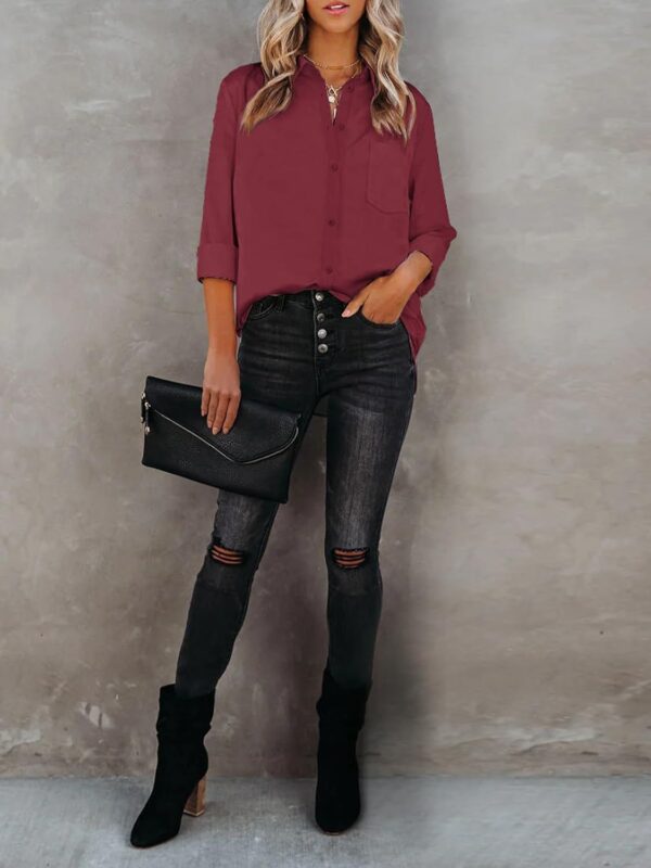 Womens Button Down Shirts Dress Shirts Long Sleeve Collared Blouses V Neck Work Office Tunic Chiffon Tops - Image 4
