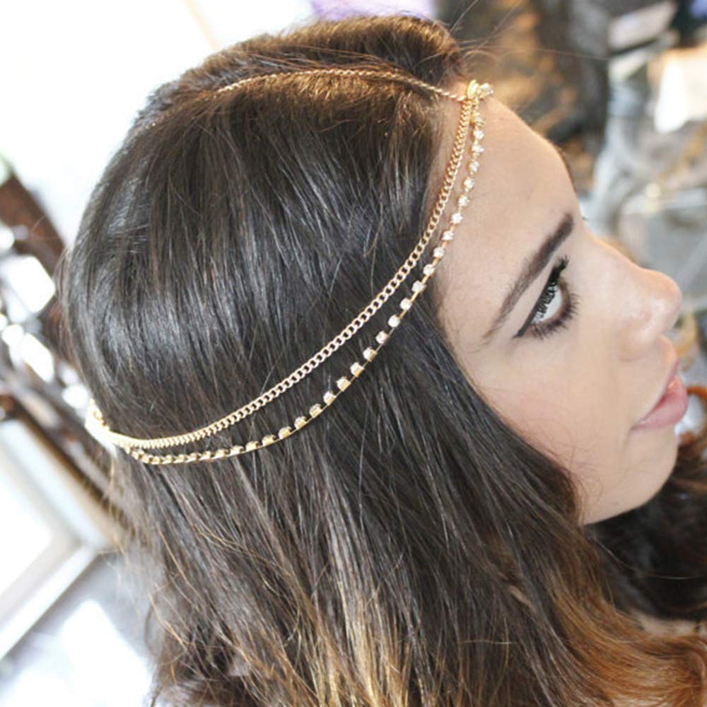 Gold Head Chain Sequins Rhinestone Headband Crystal Bohemian Hair Bands Halloween Hair Hoop Women Bridal Boho Hippie Hairband Party Decoration Cosplay Costume Handmade Headpiece Hair Jewelry 4 Pack - Image 3