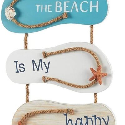 Juvale Wooden Beach Wall Hanging Decor Sign, Flip Flop Beach Decorations for Home, Bathroom, Living Room, Bedroom and Dining Room, The Beach is My Happy Place (8.7x20.9 In)