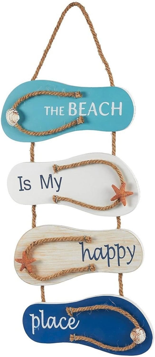 Juvale Wooden Beach Wall Hanging Decor Sign, Flip Flop Beach Decorations for Home, Bathroom, Living Room, Bedroom and Dining Room, The Beach is My Happy Place (8.7x20.9 In)