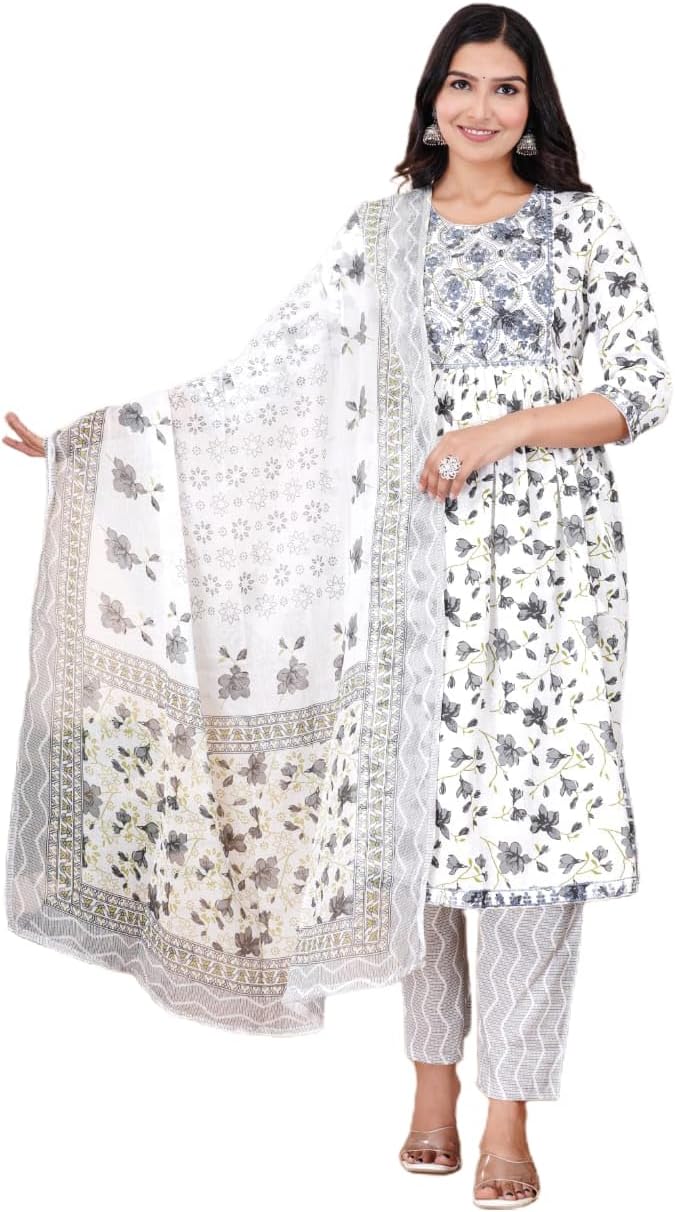 Flower Printed Rayon Kurti with Printed Pant & Dupatta Set for Women