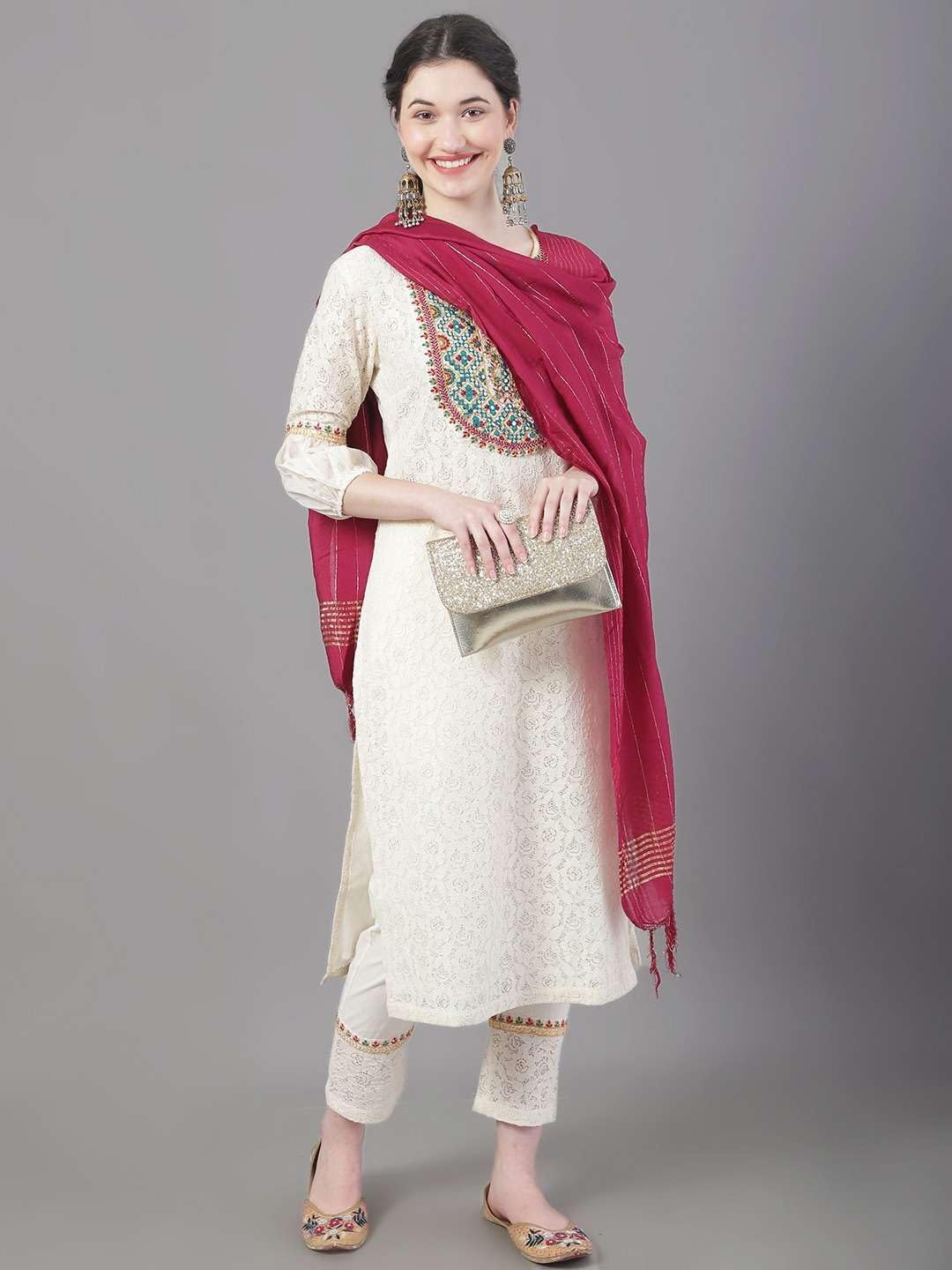 Women's Cotton Straight Off White With Red Hand Embroidered Kurta Pant Set With Dupatta - Image 5