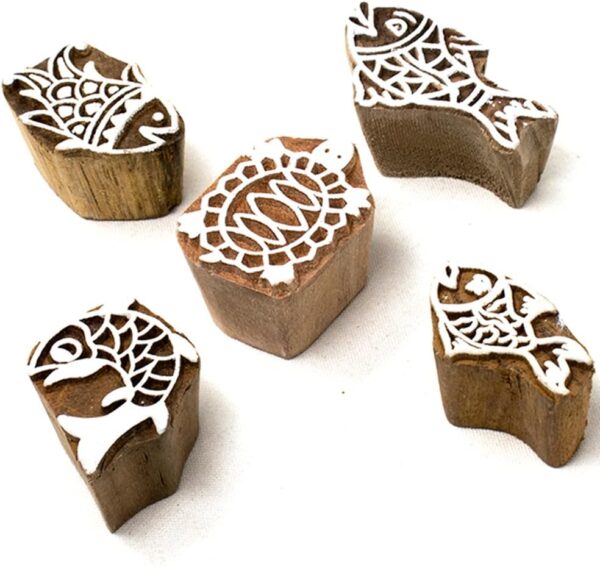 Wooden Stamp Block for Printing - Handcarved Indian Textile Printing Blocks for DIY Craft Card Making, Project Designing, Clay, Pottery, Tattoo Print HASHCART® | Set of 5 |
