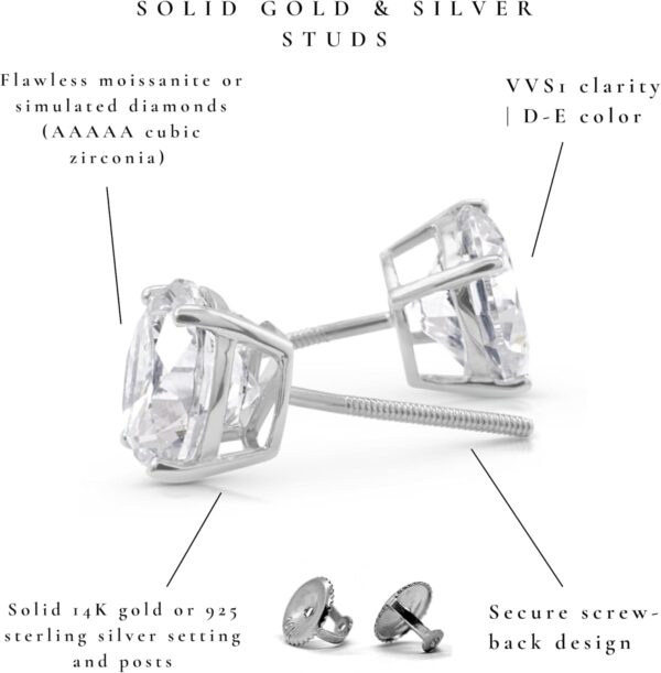 Diamond Earrings For Women, Diamond Stud Earrings For Men, 14k White Gold 1ct - 2 carat Princess, Heart, Round Cut Screw Back Earrings VVS1 D-E Color [Simulated Diamond] Fox Jewelry Co - Image 9