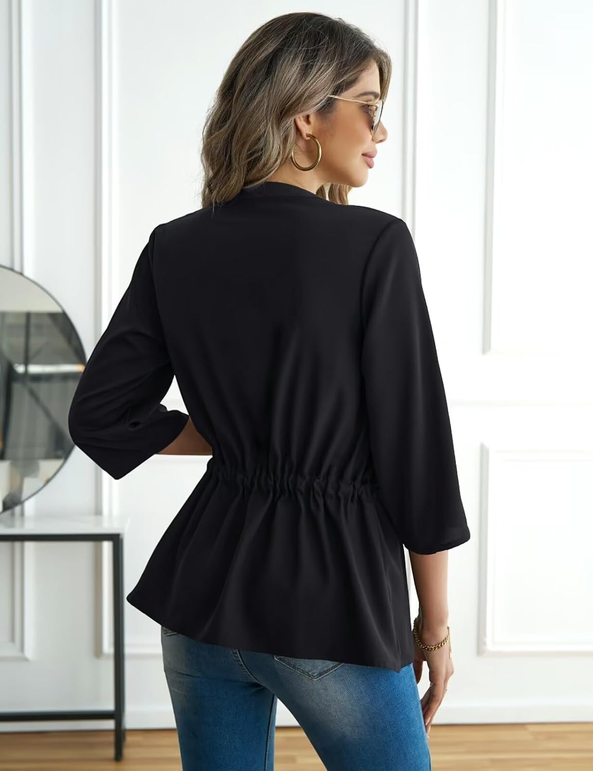 CiCiBird Womens Dressy 3/4 Sleeve Shirt Casual Zip Blouse Work Business Peplum Tops - Image 2