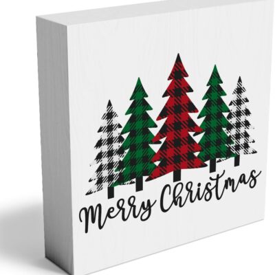 Funny Christmas Trees Wooden Box Sign Plaque Merry Christmas Wood Box Sign Rustic Art Home Shelf Desk Decor christmas tree decorations 5 x 5 x 1 Inches