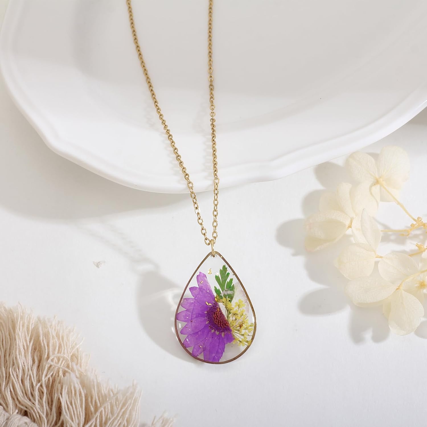 Handmade Pressed Flower Necklace - Birth Flower Necklace - October Flower Language - Elegant & noble - Great Gift for Women - Gold - 18” - Image 3