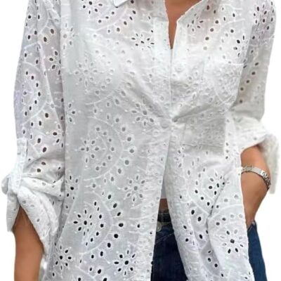 YKR Womens Eyelet Tops Long Sleeve Button Down Blouse Casual Dressy Hollow Out Lace Button Up Shirt