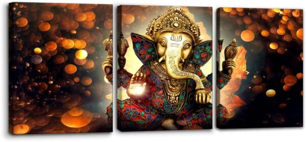 3 Pieces Ganesha Canvas Wall Art for Home Decor Paintings Hindu God Pictures Modern Artwork Giclee Posters and Prints Wooden Framed Gallery-wrapped Stretched Ready to Hang - 12" x 16" x 3