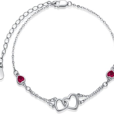 Dorunmo Anklet/Bracelet for Women 925 Sterling Silver Birthstone Jewelry Cubic Zirconia Double Heart Chain Jewelry for Mom Wife Friend Bride Valentine's Day Christmas Birthday Mother's Day