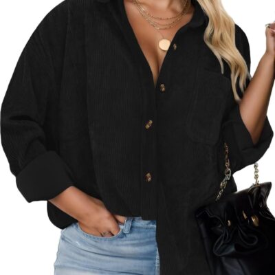 Plus Size Shackets for Women Fashion Fall Outfits Corduroy Shirts with Pockets Casual Long Sleeve Button Down Blouse Tops