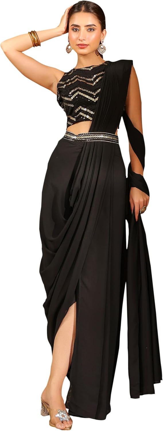 Janasya Indian Women's Georgette Sequined Ready To Wear Belted Saree With Blouse