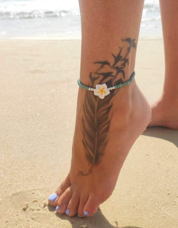 Boho Beaded Anklet for Women and Teen Girls, Unique Bohemian Turquoise and Sterling Silver Beaded Anklet with Hawaii Hawaiian Plumeria Flower, Handmade by Tribes - Image 2