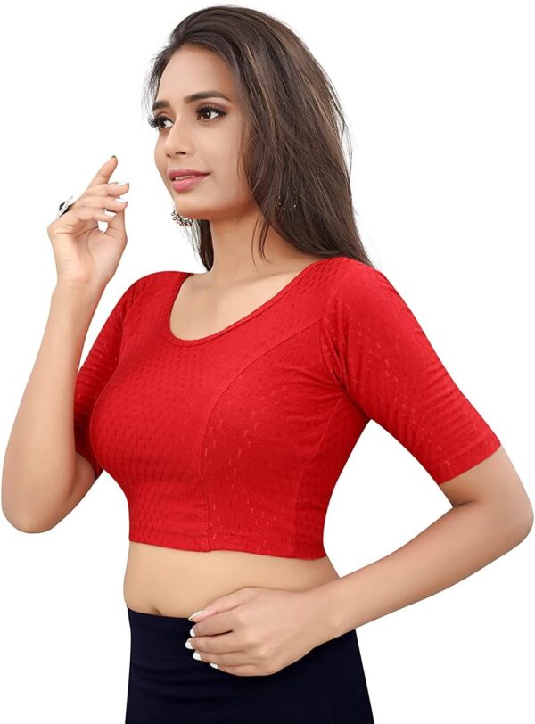 Round Neck dobbyCotton Lycra Stretchable Elbow Sleeve Readymade Blouse for Women - Image 2