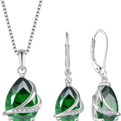Teardrop Jewelry Set for Women 925 Sterling Silver Emerald Necklace and Earrings Set May Birthstone Jewelry Gifts for Her