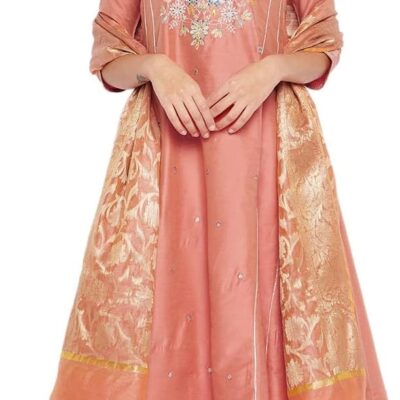 Indian Peach Cotton Silk Anarkali Kurta, Churidar Pant & Dupatta for Women | 3/4 Sleeves, Round Neck, Ankle Length