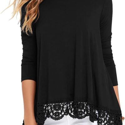 QIXING Women Tops Lace Trim O Neck A Line Tunic Blouse
