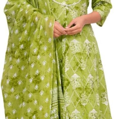 Women's Floral Print Cotton Anarkali Embroidered Kurta with Palazzo and Dupatta