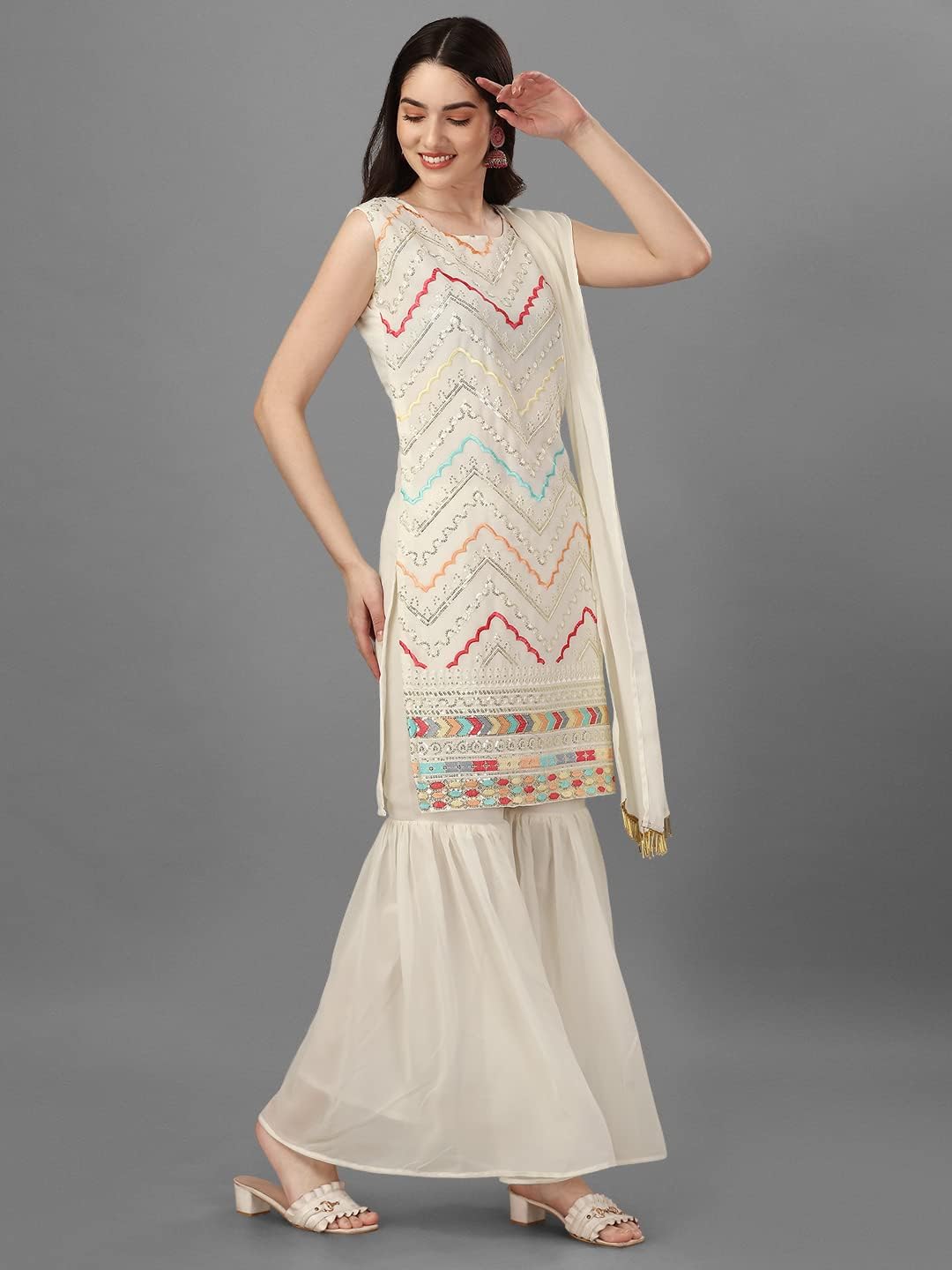 Womens Georgette Party Wear Embroidered Kurta and Sharara With Dupatta - Image 3