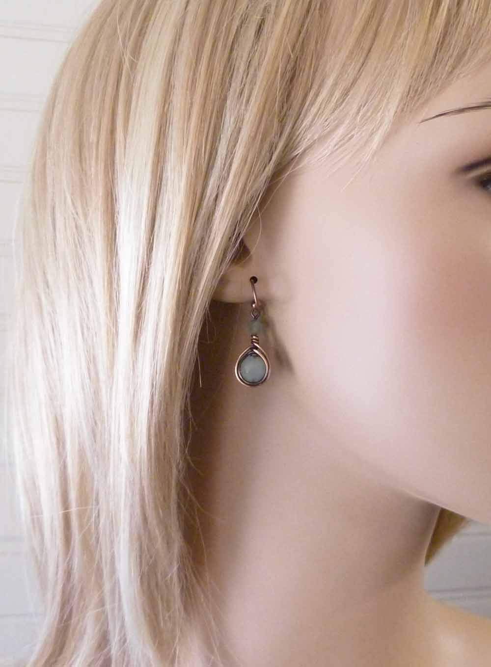 Handcrafted Solid Copper Earrings with Green Aventurine Gemstone (Antiqued Copper, 1" drop) - Image 2