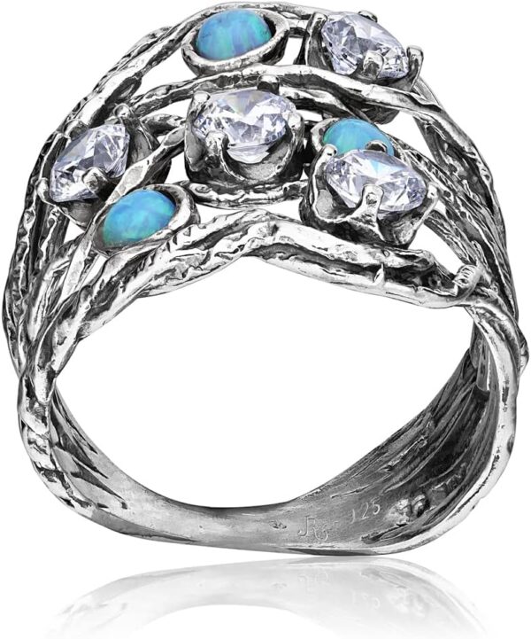 925 Sterling Silver Ring With 3 Blue Round Opal and 4 White Round Cubic Zirconia, Boho Chic Vintage Look, Hypoallergenic, Nickel and Lead-free, Artisan Handcrafted Designer collection, Made In Israel - Image 5