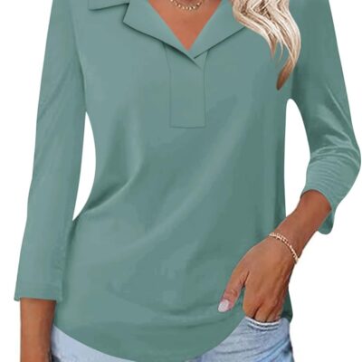 LUYAA Womens Polo Shirts 3/4 Length Sleeve Tops Collar V Neck Business Casual Blouses