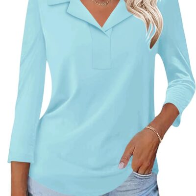 LUYAA Womens Polo Shirts 3/4 Length Sleeve Tops Collar V Neck Business Casual Blouses