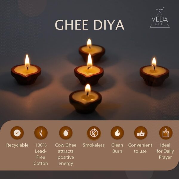 Welburn Veda&Co™ Pure Cow Ghee Diya for Puja - 30 Pieces, 45 Minutes Burn Time, Clarified Butter Filled, Paraffin Free, Clay Diya Lamp, Ready to Use Diya, Yoga & Meditation, Eco Friendly Pooja Diyas - Image 4